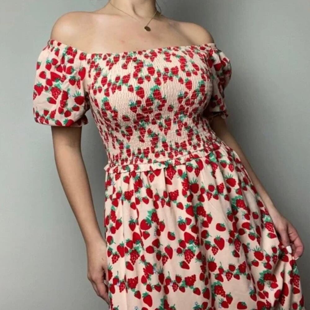 Betsey Johnson Strawberry Fields Smocked Challis Puff Sleeve Maxi Dress - S